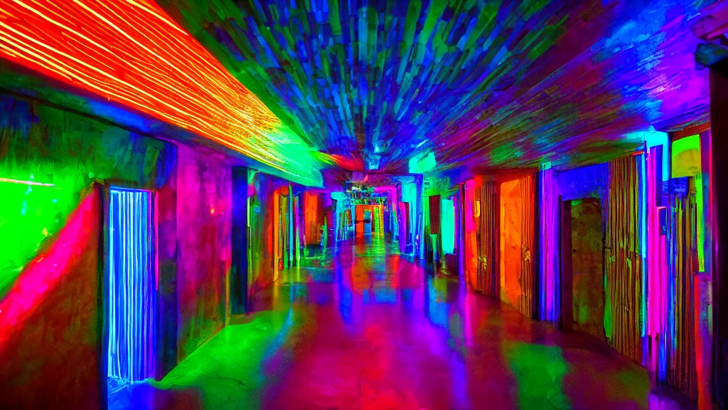 Prompt: detailed photograph of a extremely narrow nightclub hallway, neon colors, aztec architecture