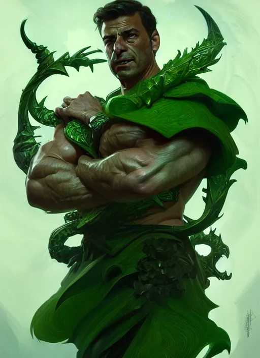 Image similar to portrait of aggressive florentino perez, d & d, muscular! green, fantasy, intricate, elegant, highly detailed, digital painting, artstation, concept art, smooth, sharp focus, illustration, art by artgerm and greg rutkowski and alphonse mucha