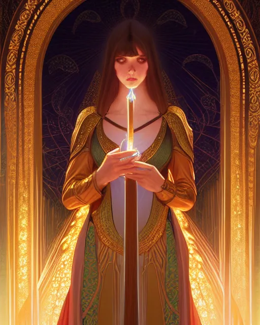 Prompt: symmetry portrait of brunette princess, glam, cleric, fireflies, holy temple background, intricate, elegant, highly detailed, digital painting, artstation, concept art, smooth, sharp focus, illustration, art by artgerm and greg rutkowski and fra angelico and alphons mucha