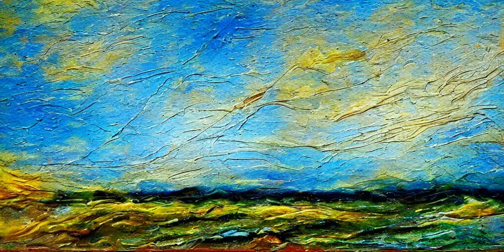 Prompt: melted, romantic painting of a landscape, thick impasto, on a poststamp