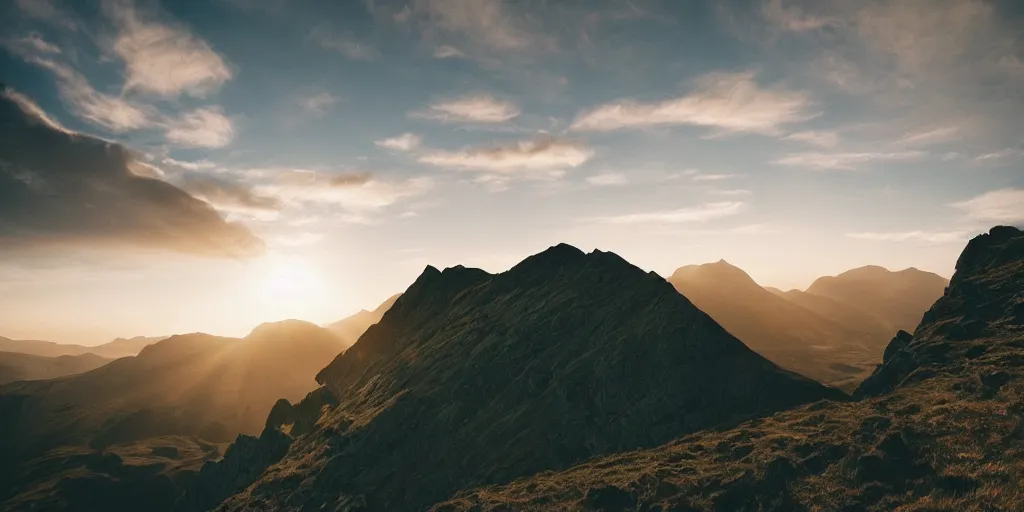 Image similar to Crib Goch!!!!!!!!!!! ridge, rays, epic, cinematic, photograph, atmospheric, dawn, golden hour, sunrise, sky, clouds, lake, arthouse cinema, Sofia Coppola, soft focus