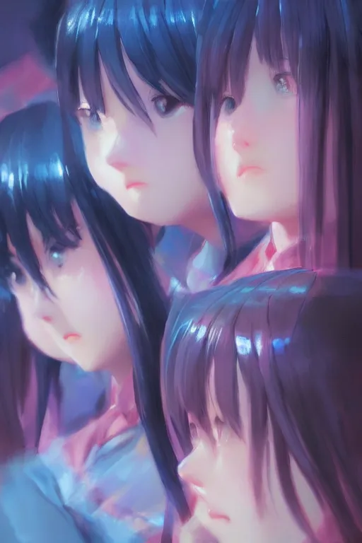 Prompt: 3d infrared octane render concept art by Mo Xiang Tong Xiu, by Igarashi Daisuke, by makoto shinkai. beauty cozy portrait anime sad schoolgirls under dark pink and blue tones, mirror room. light rays. beautiful and cutest sad face. dramatic light, trending on artstation, oil painting brush
