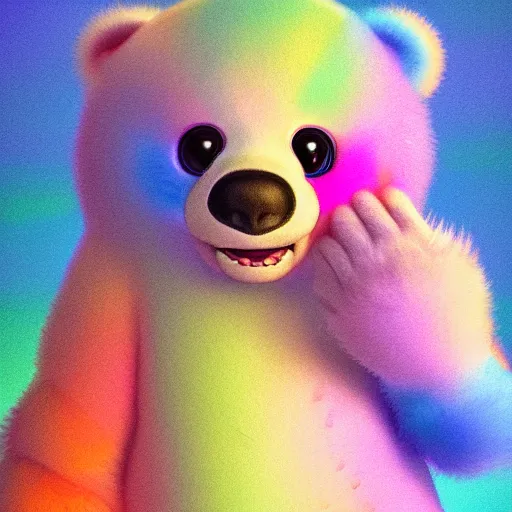 Prompt: cutie fluffy creature rainbow bear, digital art, 3 d, octave render, masterpiece, mega detailed, pixar, disney, vivid illustration, cartoon, fantasy, by george stubbs, artgerm, in the style of ghibli kazuo oga, pastel fur