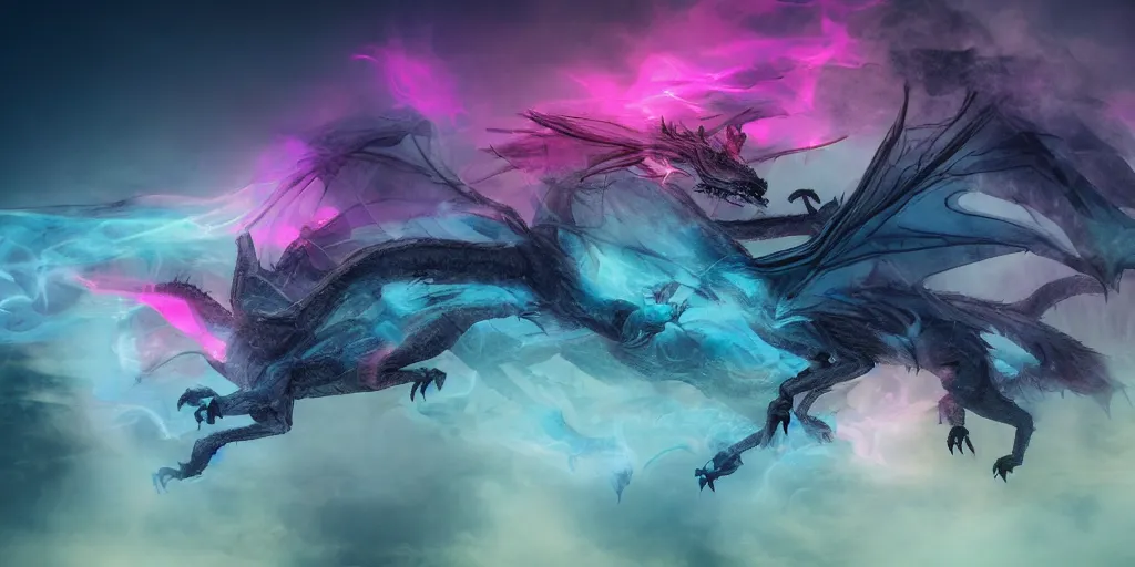Prompt: dimly lit muted multi-color smoke (blues, greens), muted neon smoke, smoke (faint, wispy, smoky outline) reminiscent shape of fierce racing dragon with large outstretched wings flying, a distant vague city park faint landscape in the background, photographic, stunning, inspiring, super high energy, swift, fast, fleeting, 8K, 4K, UE5