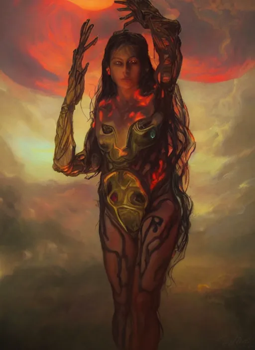 Prompt: biblical daemonic cyber girl, glowing veins, in clouds, sunset, big eyes, portrait by mikhail vrubel, studio lighting, muted colors, by frank frazetta, extreme detail, reflections, trending on artstation, 8 k