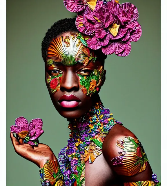 Prompt: colour vibrant style photography of highly detailed female figure with beautiful african face and wearing detailed biotech plants designed by alessandro michele also wearing highly detailed metal flowers in the style of botanical research.
