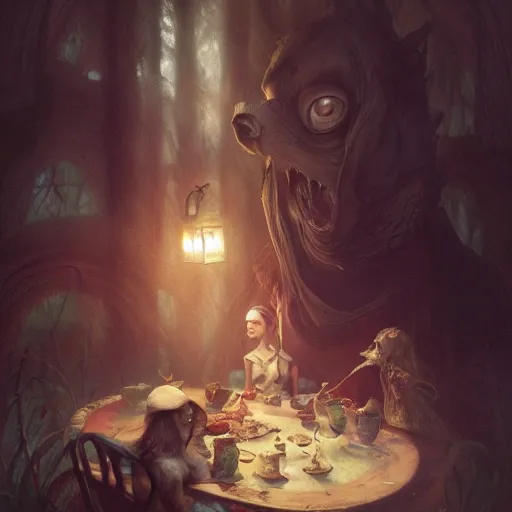 Image similar to alice in wonderland, high detail, dramatic light, digital art, chiaroscuro, painted by seb mckinnon and greg rutkowski, trending on artstation