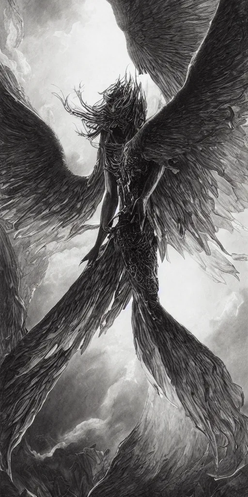 Prompt: burning wings of mighty angel lucifer falling from the heavens, elegant, beautiful, engraving, concept art, elden ring, illustration, smooth, sharp focus, by gustave dore and greg rutkowski, hyper realistic, ephemeral, dramatic lighting, fantasy art, in the style of midjourney, intricate, alphonse mucha, hyper detailed