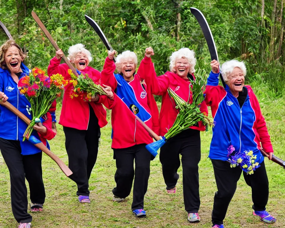 Image similar to a gang of old ladies waving machetes, and carrying flowers, and wearing Umbro track suits laughing maniacally and screaming