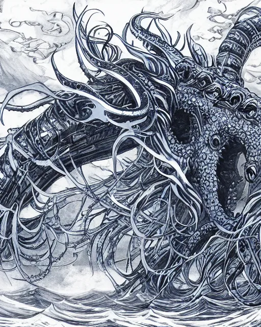 Image similar to A huge blue kraken in a vast sea, terrifying, black and white, fantasy art, monster art, in the style of masami kurumada, illustration, epic, fantasy, intricate, hyper detailed, artstation, concept art, smooth, sharp focus, ray tracing