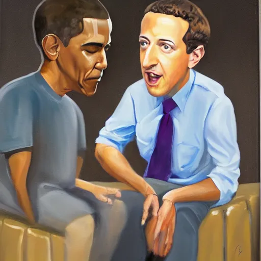 Prompt: expressive oil painting of Barack Obama and Mark Zuckerberg staring angrily at the viewer