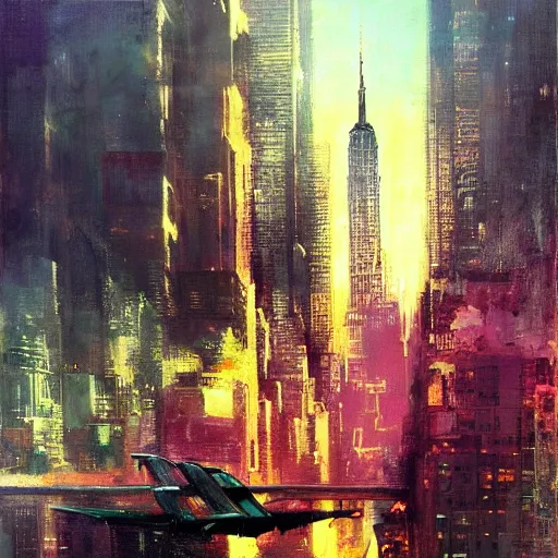 Image similar to new york skyline, 1 9 7 0 s scifi art style, flying cars, jeremy mann painting