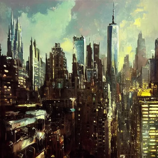 Prompt: new york skyline, 1 9 7 0 s scifi art style, flying cars, jeremy mann painting