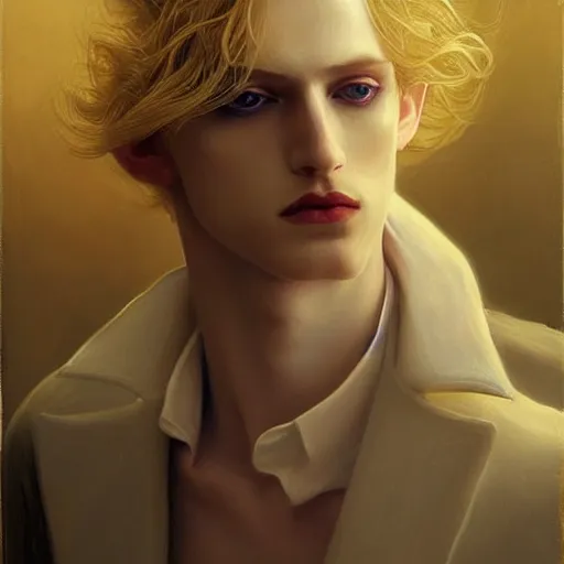 Prompt: Beautiful painting of the pale blond androgynous prince in a sensual pose, johan liebert mixed with alucard, long curly golden blond hair, baroque curls, very very pale white skin, atmospheric lighting, painted, intricate, volumetric lighting, beautiful, rich deep colours masterpiece, golden hour, sharp focus, ultra detailed, in the style of Dan Mumford and Johfra Bosschart, with a crowded futuristic cyberpunk city in the background, astrophotgraphy