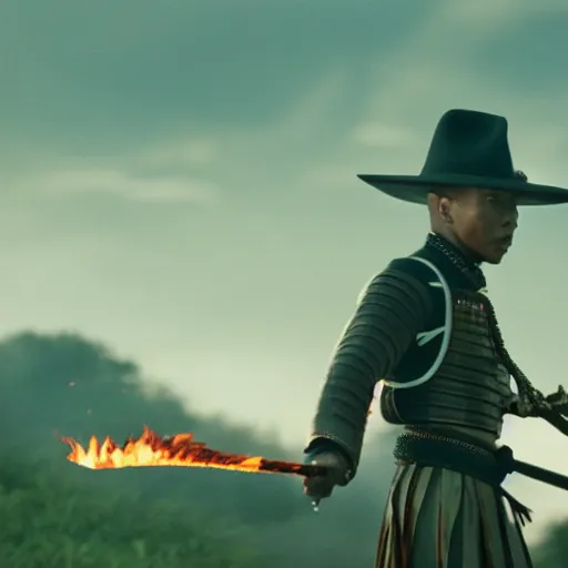 Image similar to cinematic film still Pharrell Williams starring as a Samurai holding fire, Japanese CGI, VFX, 2003, 40mm lens, shallow depth of field,film photography