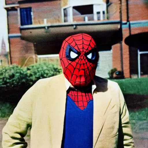 Prompt: 1970s colour polaroid of jimmy tarbuck as spider man without a mask on a british council estate