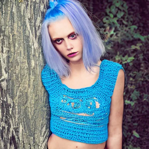 Image similar to A photo of a caucasian female model with blue hair wearing a crocheted croptop.