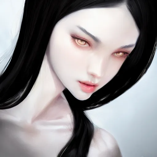 Image similar to a beautiful and elegant girl by wlop, black hair, dream, closeup headshot, 8 k, high detailed, style of ghost blade, ultra - realistic painting, trending on artstation, cg rendering.