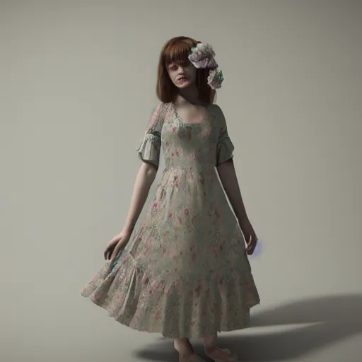 Image similar to 8 k, octane render, realism, tonalism, renaissance, rococo, baroque, cotton candy, portrait of a creepy young lady wearing long 1 9 7 0 s babydoll dress with flowers and skulls