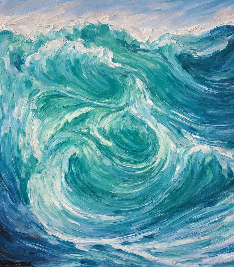 Image similar to an impasto oil painting of one single beautiful hawaiian wave, monochromatic color scheme, high detail, breathtaking wave, modern art, abstract art, soft colors, inverted colors