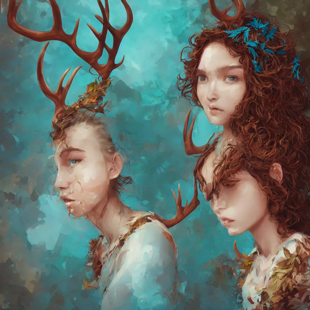 Image similar to A beautiful digital painting of a beautiful girl with teal skin and antlers made of wood, brown curly hair with autmn leaves, by Stanley Artgerm Lau, WLOP, Rossdraws, James Jean, Andrei Riabovitchev, Marc Simonetti, and Sakimichan, trending on artstation, SFW version