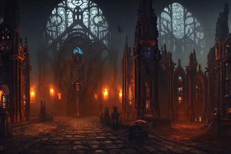 Image similar to steam necropolis, memento mori, gothic, neo - gothic, art nouveau, hyperdetailed copper patina medieval icon, stefan morrell, philippe druillet, ralph mcquarrie, concept art, steampunk, unreal engine, detailed intricate environment, octane render, moody atmospherics, volumetric lighting, ultrasharp, ominous, otherworldly