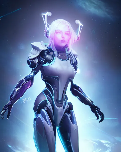 Image similar to perfect android girl on a mothership, warframe armor, beautiful face, scifi, futuristic, galaxy, nebula, raytracing, dreamy, long white hair, blue cyborg eyes, sharp focus, cinematic lighting, highly detailed, artstation, divine, by gauthier leblanc, kazuya takahashi, huifeng huang