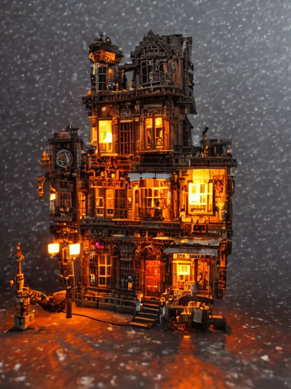 Image similar to mega detailed miniature voxel diorama steampunk workshop, victorian era, vintage architecture, clockwork technology, soft lights are on in the windows, dark night, fog, winter, blizzard, cozy and warm atmosphere, row of street lamps with demonic orange light, several ruins nearby, 1 8 5 0