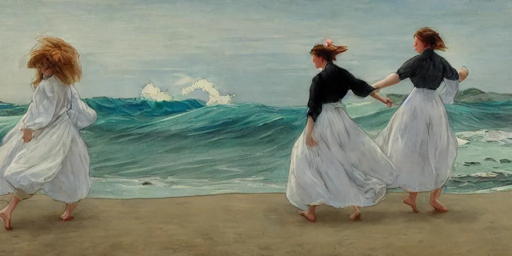Image similar to two young edwardian women wearing white dresses hold hands on a beach in Sweden, in the style of Anders Zorn, waves in the style of the great wave off kanagawa