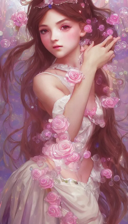 Prompt: portrait of magical lolita girl, dreamy and ethereal, expressive pose, big pink eyes, peaceful expression, , fantasy, intricate, elegant, many rainbow bubbles, rose tones, highly detailed, digital painting, artstation, concept art,cyberpunk dress, smooth, sharp focus, illustration, art by artgerm and greg rutkowskiand alphonse mucha