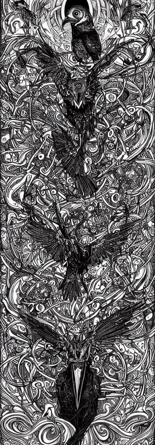 Image similar to psychedelic, monochrome artwork!!, raven, deer, in front of an owl that is a window into the ocean, typography by hr giger and james jean and andreas rocha,
