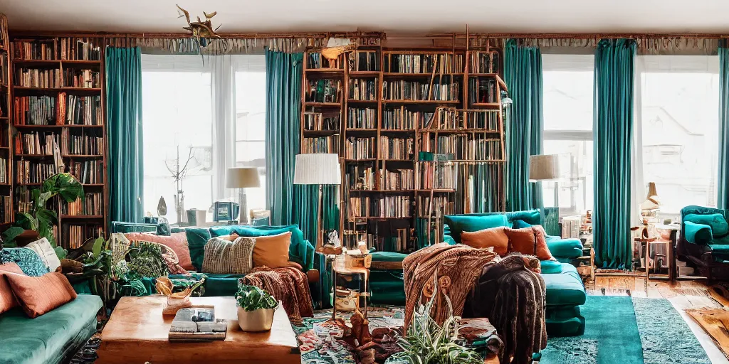 Prompt: insanely detailed wide angle photograph, depth of focus blur, bokeh, atmospheric, award winning interior design living room, dusk, cozy and calm, fabrics and textiles, colorful accents, brass, copper, secluded, many light sources, lamps, hardwood floors, book shelf, library, dark teal emerald couch, desk, balcony door, plants