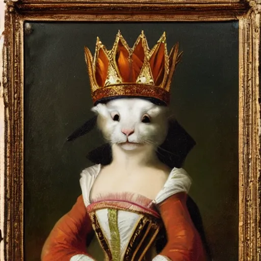 Prompt: a rabbit wearing a crown dressed as a queen, 19th century oil painting