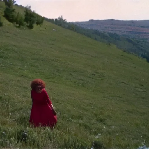 Image similar to middle aged woman who is half human, half muppet, wearing a dress, in the hillside, 1980 French film, archival footage, technicolor film expired film live-action, 16mm