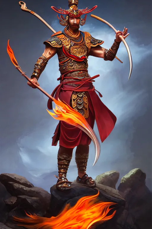 Image similar to handsome nezha, highly detailed, man holding spear, flame everywhere, epic pose, masterpiece chinese fantasy character portrait, highly detailed, digital painting, trending on artstation, concept art, sharp focus, illustration, global illumination, ray tracing, realistic shaded, art by artgerm and greg rutkowski and fuji choko and viktoria gavrilenko and hoang lap