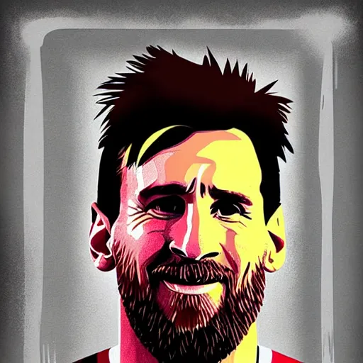 Image similar to lionel messi with a majestic beard eating a kfc zinger by alena aenami