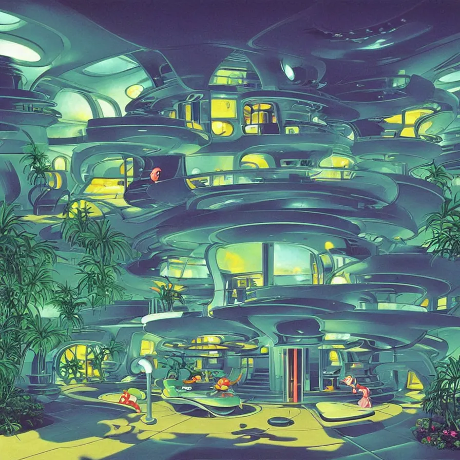 Prompt: concept art of jetsons cartoon indoor scenario of a futuristic house, painted by tim white