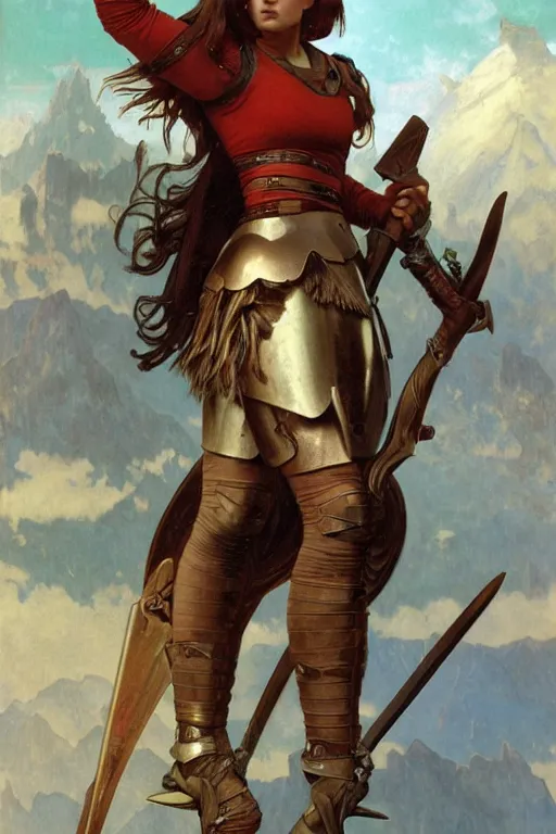 Prompt: full - body matte portrait of a legion of red haired lesbian valkyries in a heroic pose and wearing thick bronze plate armor at the top of a mountain holding a spear made of lightning, art by albert bierstadt, alphonse mucha, andreas rocha, greg rutkowski, sharp edges. ultra clear detailed. 8 k. elegant. octane render