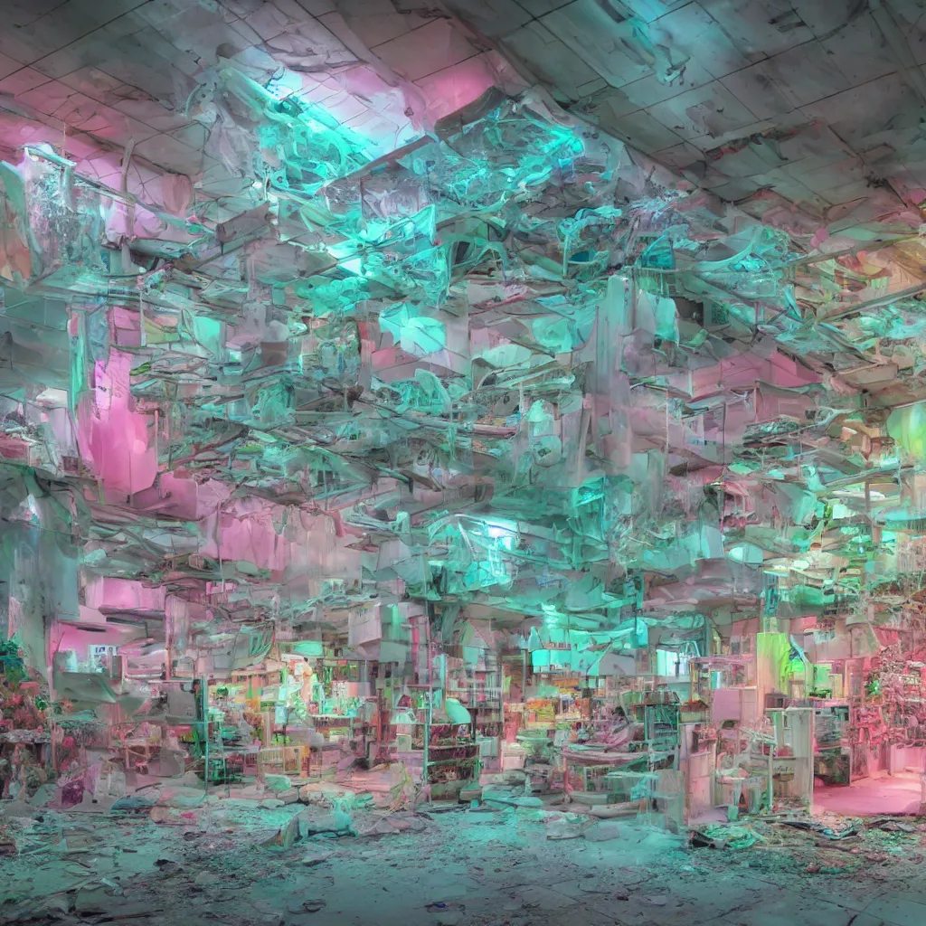 Prompt: biomaterial, architecture, futuristic, neon, pastel colors, hd 8 k, digital design, detailed, abandoned, overgrown, candy shop in a mall, candies, grass