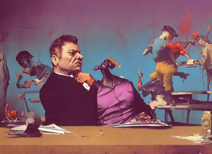 Image similar to a still from the tv series law and order by francis bacon and norman rockwell and james jean, and mark brooks, triadic color scheme, by greg rutkowski, syd mead and edward hopper and norman rockwell and beksinski, dark surrealism, purple and orange and turquoise