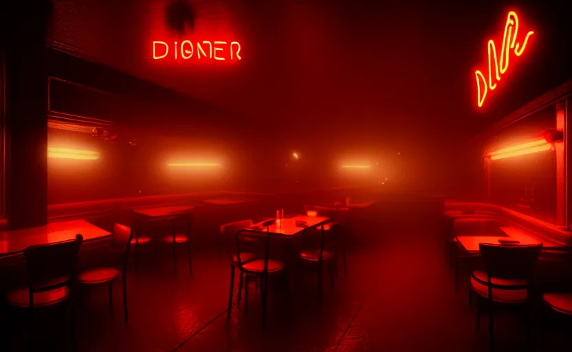 Prompt: diner, horror scene, dim neon lighting, beautiful volumetric-lighting-style atmosphere, eerie atmosphere, intricate, detailed, photorealistic imagery, artstation