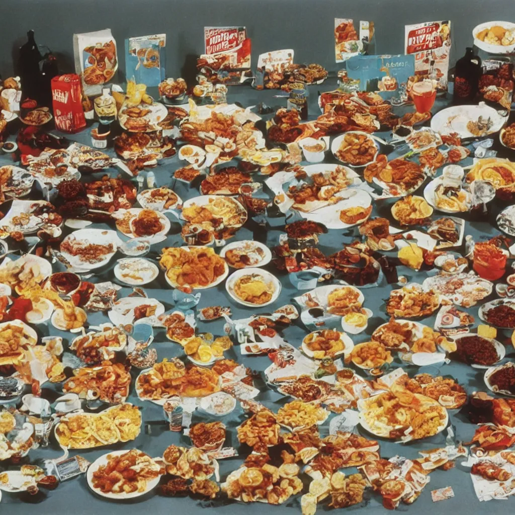 Prompt: a 70s photo of a spread of horrible food sculptures