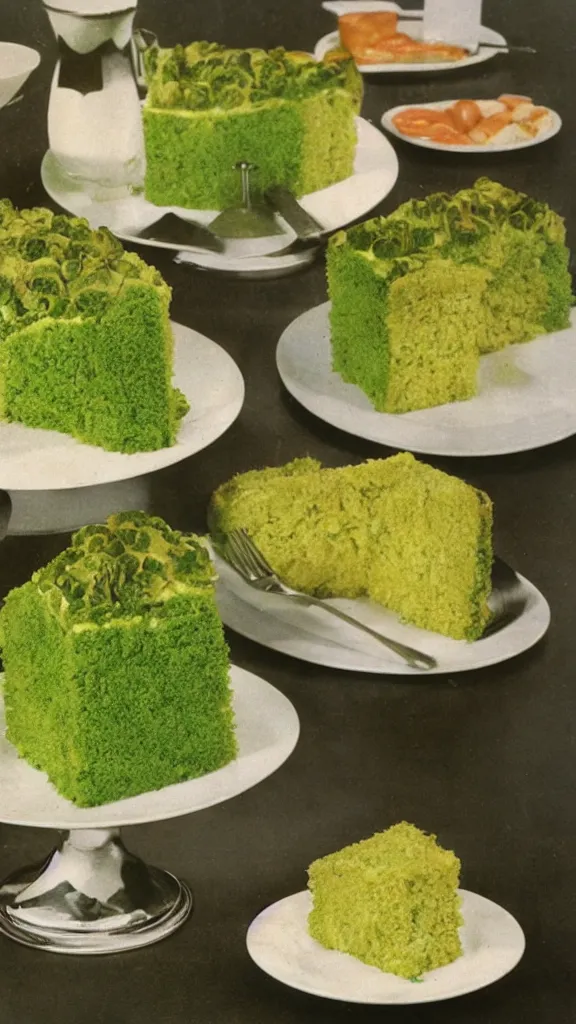 Image similar to 7 0 s food photography of a cake made out of broccoli and farts