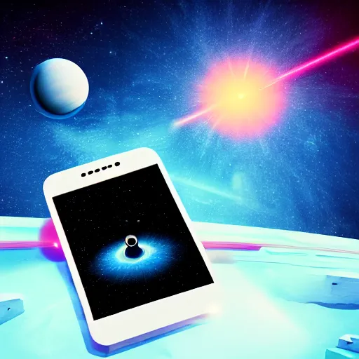 Image similar to A smartphone in place of the deathstar shooting a lazer at a far off planet, space in background, spectral ambiance, Cinecolor, Starburst, Nightlight effect, Storybook Illustration