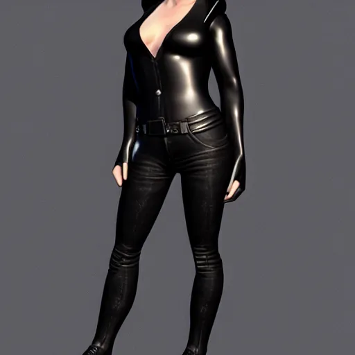 Prompt: a full body portrait of a female wearing a skintight leather jacket, trending on artstation, artstationhd, artstationhq, full body shot, cycles render, octane render, unreal engine, vray