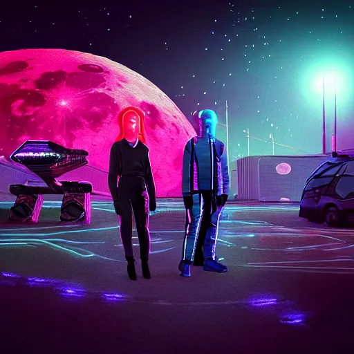 Prompt: photo of sci-fi citizens and vehicles, holographic trees, on the Moon, long shadows, in a Russian cyberpunk city called Neo Norilsk, pitch black sky with stunning bright stars, bright sun, high contrast, diverse outfits, lively, freaky, black sky full of stars, LEDs, holograms, blinding bright sun, sci-fi, cyberpunk outfits, photorealistic, grainy, 35mm, intricate, very very beautiful, elegant, smooth, cinematic, Unreal Engine 5, by Beeple