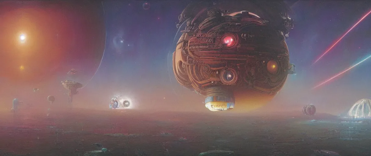 Image similar to a wide shot of a large distant hi-tech sci-fi Utopian spaceship, with a lot of bright color lights, bridges, turrets, pipes, orbiting a gas giant planet, beautiful, solarpunk, volumetric light, photography, color, intricate, extremely detailed, photorealistic, a painting by Beksinski