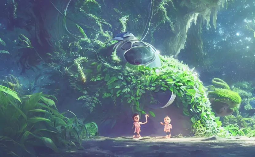 Image similar to a still of a cute adorable tiny astronaut, on a planet of lush foliage, with an enormous kaiju dragon surrounding, magical forest, sharp focus, neon backlit, highly detailed, disney pixar studio ghibli makoto shinkai, digital painting, matte, octane render, global illumination, iridescent, anime, 8 k concept art