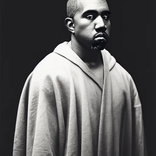 Image similar to a chiaroscuro lighting portrait of kanye west dressed as rick owens, black background, portrait by julia margaret cameron, shallow depth of field, 8 0 mm, f 1. 8