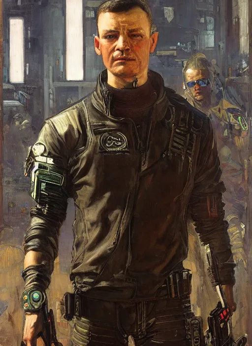 Prompt: Eisenhower. cyberpunk assassin wearing a military vest and military jumpsuit (cyberpunk 2077). Iranian orientalist portrait by john william waterhouse and Edwin Longsden Long and Theodore Ralli and Nasreddine Dinet, oil on canvas. Cinematic, hyper realism, realistic proportions, dramatic lighting, high detail 4k